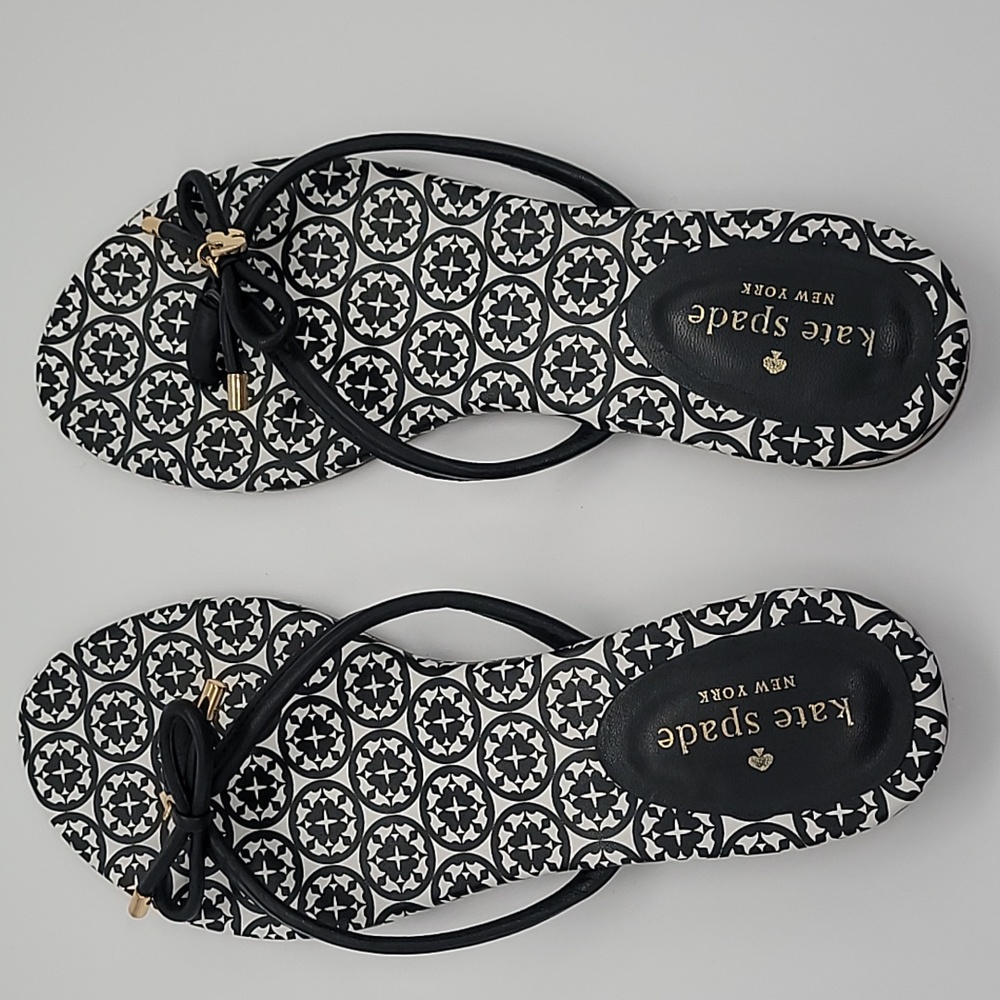 Kate Spade Women's Blk Wht Mystic Bow Leather Thong Sandals 8
